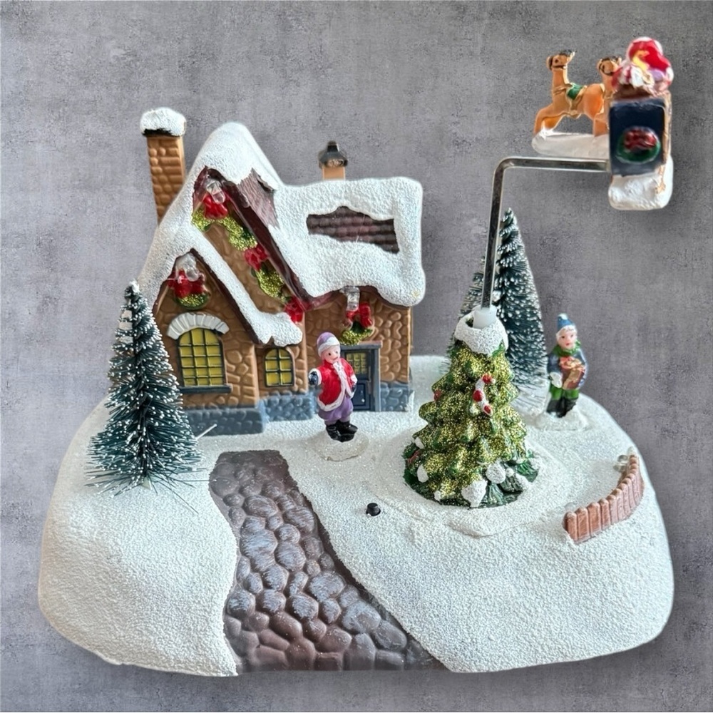 Christmas Village Landscape with Rotating Santa & Sleigh